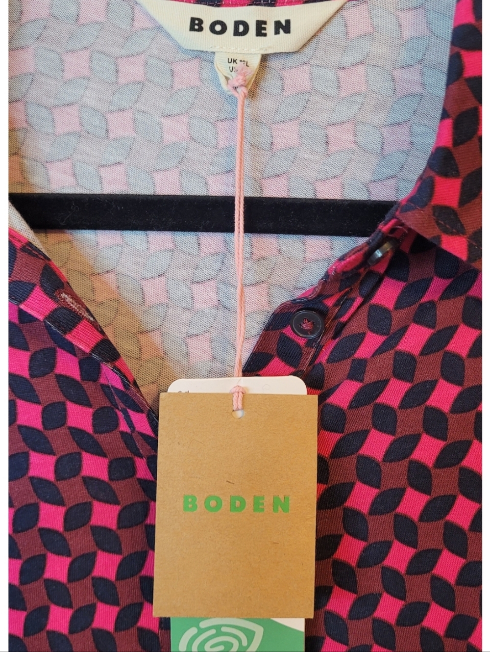Boden Pink and Navy Blue Geometric Tencel Tie-Waist Shirt Dress Size 8L NWT - Picture 5 of 8